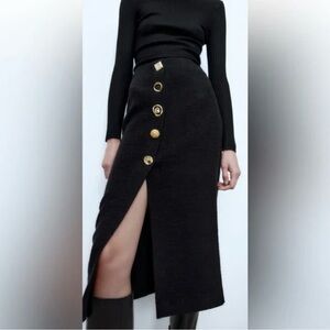 Zara Black Texture Pencil Skirt with Gold Button Accents